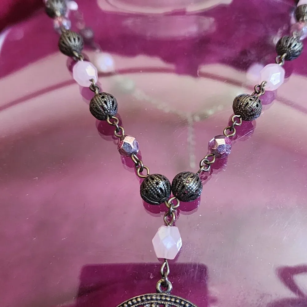 Silver Toned Pendant on Pink Beaded Necklace Fashion Jewelry NEW